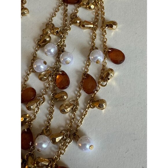 Premier Jewelry Gold Multi-Strand Necklace Earrings Set Faux Pearls Amber Color - Picture 8 of 9